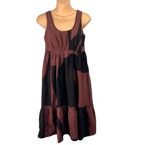 Anthroplogie Silk Linen Geometric Empire Waist Midi Dress sz 0 Brown Lagenlook
